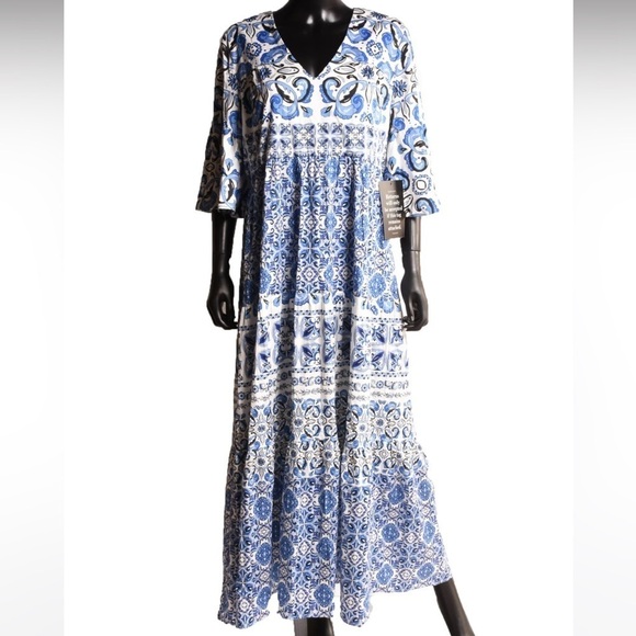 Tuckernuck Blue Majolica Tile Ginger Maxi Dress sz xL NWT Flutter Sleeves Tiered - Picture 3 of 4